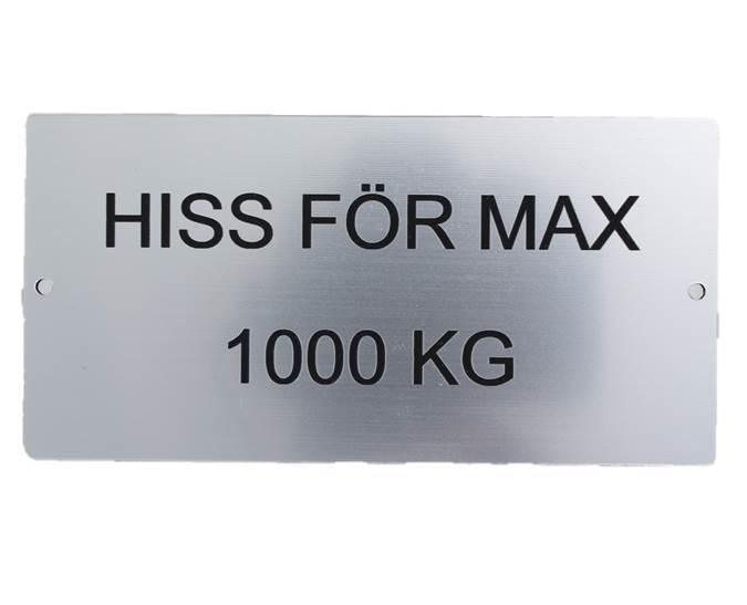 Skylt, Maxlast 1000kg, 60x120mm, laminerad plast